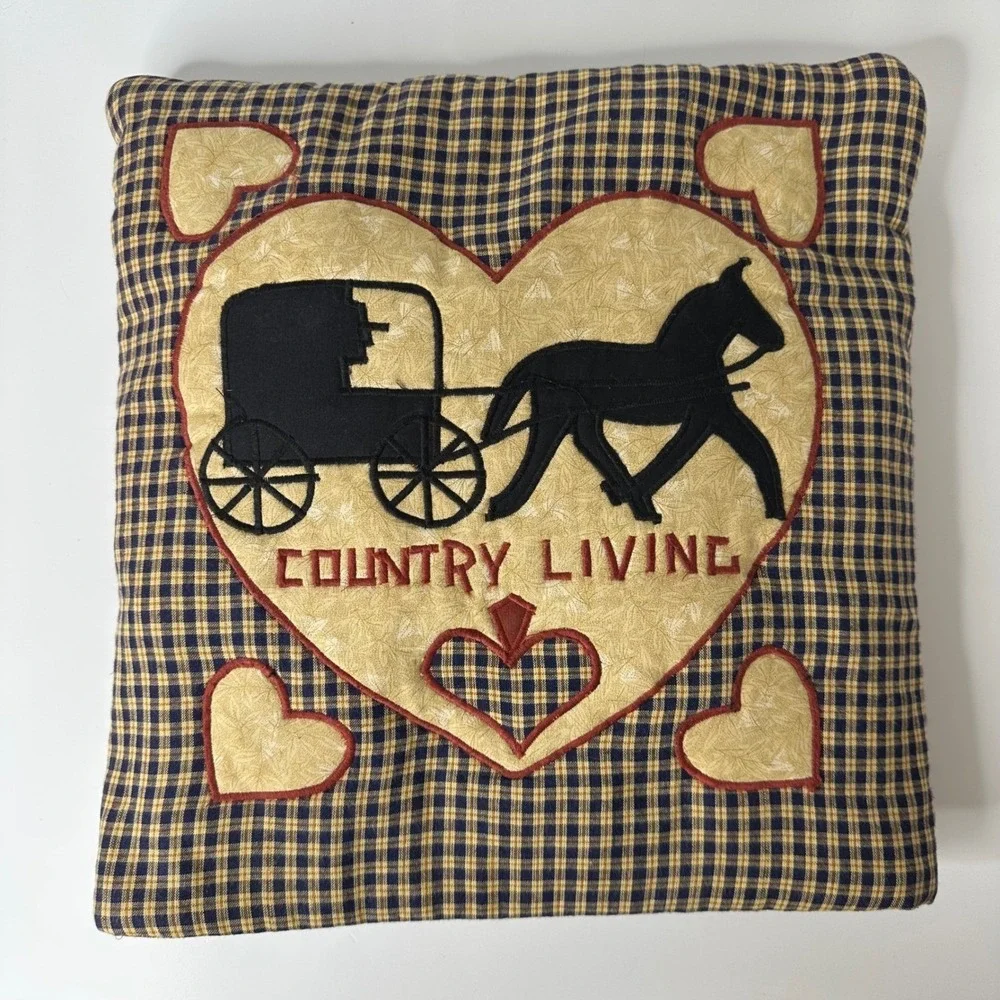 Country Living Horse Buggy Plaid Quillow Combo Blanket Pillow Primitive Folk Art